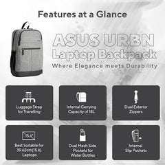 ASUS AP1601 Laptop Backpack for Up to 16-Inch Laptops, 18L Capacity, Water-Repellent Polyester,Dedicated Laptop Compartment,Multiple Organizer Pockets,Luggage Strap, Grey, for College, Office & Travel