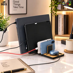 GKD Dark Wood Multi Device Stand & Organizer | Laptop, Tablet, Mobile & Power Bank Holder | All-in-One Desk Charging Station & Organizer | Modern Office Desk Accessory | Diwali Gift