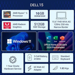 Dell 15, AMD Ryzen 5-7530U Processor, 16GB RAM, 512GB SSD, FHD IPS 15.6"/39.62 cm 120Hz Display, Windows 11, MSO'24, Platinum Silver, 1.67kg, Standard Keyboard, 15 Month McAfee, Thin & Light Laptop