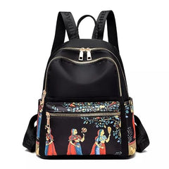 JUBLYN Ethnic Style Waterproof Oxford Backpack - Ladies Fashion Travel Canvas Large Capacity Nylon Student School Laptop Bag, Girls Printing Backpack (Human Black)