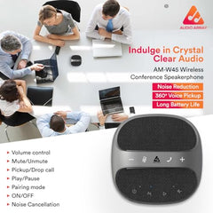 Audio Array Wireless Conference Microphone with Speaker | Bluetooth, USB & 4 Mics | 360° Pickup Upto 4M | Noise Reduction & Enhanced Voice | Portable Speakerphone for Video Calls/Zoom Meeting | AM-W45