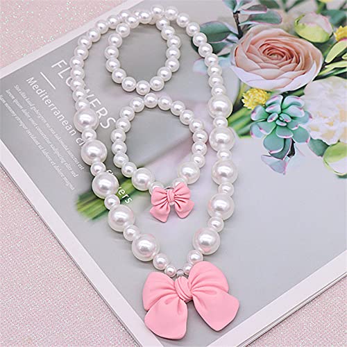 SYGA Children's Girls Necklace Earring Bracelet Ring Set Jewelry Bow Pearl Necklace Bracelet Set For Kids, Girl, Gift, Party (Link Pink 2 Pieces)