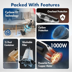 Reffair Cleanjet CX80 1000W Handheld Vacuum Cleaner for Home Use, 17 kPa Suction, Cyclone 10 Technology, High-Performance Motor, Lightweight (Silver Grey)