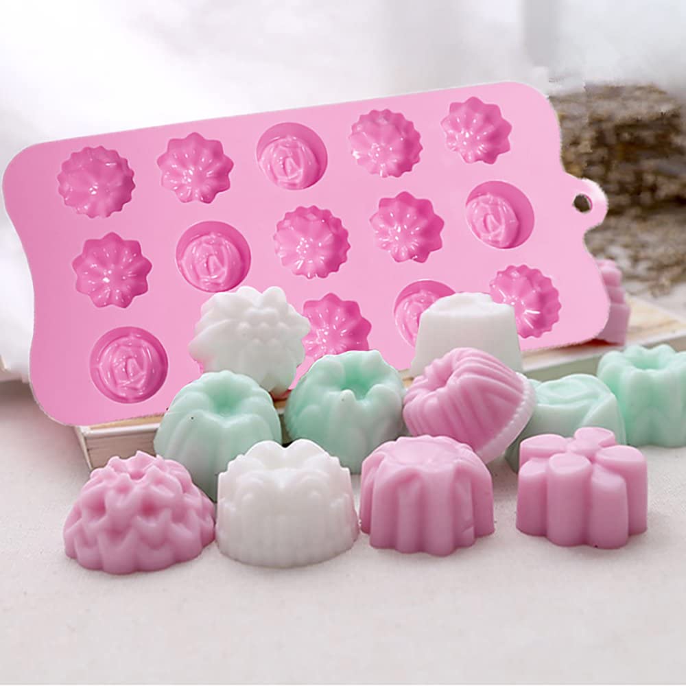 SYGA Silicone Rose & Candy Flowers Shape Chocolate Jelly Candy Mold, Cake Baking Mold, 15-Cavity Bakeware Mould, Pink