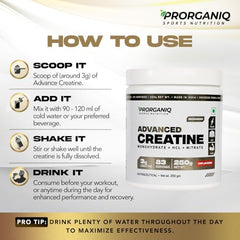 Prorganiq Advanced Creatine Monohydrate + HCL + Nitrate | 3-in-1 Formula | Micronized Powder for Men & Women (250 Grams, Unflavoured)