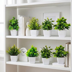 amazon basics Artificial Potted Plants, Artificial Plastic Eucalyptus Plants Small Indoor Potted Houseplants, Small Faux Plants for Home Decor Bathroom Office Farmhouse (Set of 8)