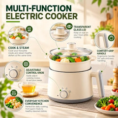 Multi Cook Electric Kettle with Steamer features 1.2L inner pot, double layered body, variable temperature control and wide mouth design. Ideal for tea, coffee, eggs, vegetables and boiling.