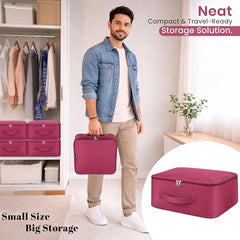 Storite 2 Pack Nylon Wardrobe Bag Underbed Cloth Storage Organizer | Moisture Proof Storage Bag, Storage box for Clothes Saree Bags, Zippered Closure & Handle - Magenta,37x34x23 cm