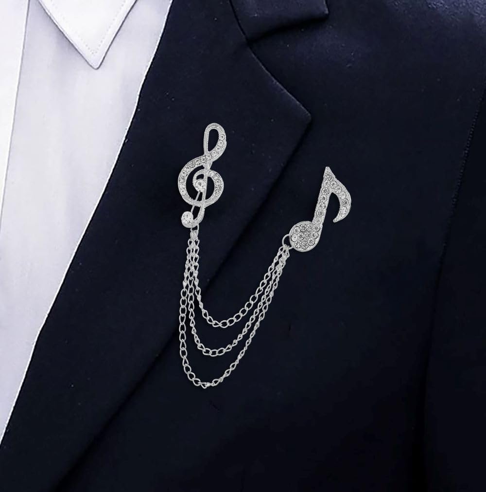 SYGA Men & Women Brooch Music Note Lapel Pin, Gold Plated, Crystal Accents(Silver)