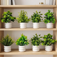 amazon basics Artificial Potted Plants, Artificial Plastic Eucalyptus Plants Small Indoor Potted Houseplants, Small Faux Plants for Home Decor Bathroom Office Farmhouse (Set of 8)
