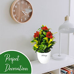 Asharya® Artificial Flower Plants for Home Décor – Set of 4 Mini Potted Plants (7 Inch) in White Pots | Pink, Yellow, Red & Blue Faux Flowers for Living Room, Office, Indoor Outdoor Decoration