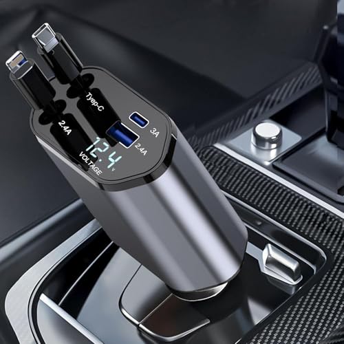 120W Fast Car Charger (2025 New Version) with 80CM Retractable Type-C Charging for 4 Devices – Universal Car Mobile Charger for All Smartphones & Tablets (Car Charger)