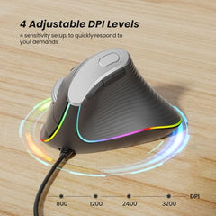 Nulea Wired Vertical Mouse, USB Ergonomic Optical Mouse with 4 Adjustable DPI, 11 RGB Backlight Modes, Compatible for Laptop, PC, Desktop, Mac, Grey