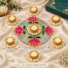 HomeSquare Tealight Holder Rangoli with Artificial Flowers & Tea Lights - Set of 7 Tealight Candle Holders