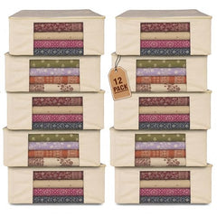 JD FRESH 3 Pcs Cotton Saree Covers/Storage Bags with Zip Cover/Space Saving Bag with Transparent Window/Wardrobe & Cupboard Organizer for Clothes/Bedsheets/Lehengas (16 x 13 x 3 Inch/Off White)