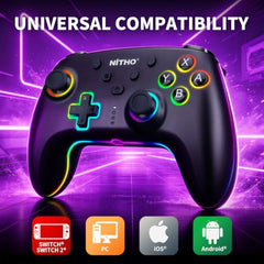 NITHO NEON DARK OPS Wireless Gaming Controller for PC Windows, Switch, Switch 2, Android and iOS, Gamepad with Hall Effect Triggers, Turbo, Programmable Buttons, 6-Axis Motion Control, Dual Vibration, RGB Lighting - Black