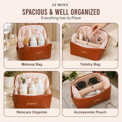 LUMONY® Makeup Pouch Bag Leather Large Capacity Travel Toiletries Organizer Cosmetic Bag with Handle and Divider Multifunctional Makeup Bag for Easy Access Waterproof (Brown)