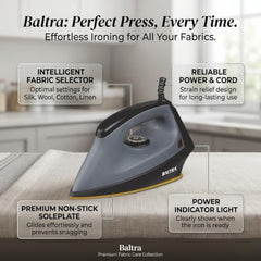 Baltra Casual 750 Watts Dry Iron | Non Stick Coated Soleplate | Light Weight | Adjustable Temperature Control | Cotton Braided Swivel Cord | Press Iron for Clothes | 2 Years Warranty