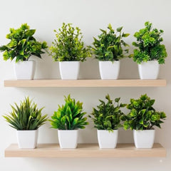amazon basics Artificial Potted Plants, Artificial Plastic Eucalyptus Plants Small Indoor Potted Houseplants, Small Faux Plants for Home Decor Bathroom Office Farmhouse (Set of 8)