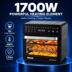 INALSA Air Fryer Oven 1700W|15L Large Capacity|Stainless Steel Interior|Non-Toxic Cooking|14-in-1 Functions,Fry,Bake,Grill,Dehydrate,Roast& Reheat|Rotisserie&Convection|Oil-Free Cooking,Aero Smart 15