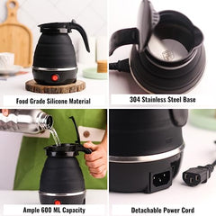 InstaCuppa Foldable Silicone Electric Kettle for Travel, Home & Office, 600 ML, 600 Watts, Fast Boiling, Food Grade Silicone, Collapsible, Portable, Dry Boil Protection, Black