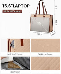 Crewer Elegant Work Bag with Lunch Compartment – Laptop Tote Bag with Lunch Box Section, Office Bag with Insulated Lunch Storage – Stylish Quilted Shoulder Bag for Women. (Cream)