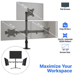 Triple Monitor Arm for 13–27” Screens, 3 Screen Full Motion Desk Mount Stand, Heavy Duty with 180° Swivel, 360° Rotation, +90°/-85° Tilt, VESA 75x75/100x100, 8kg Load per Arm