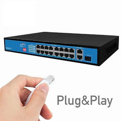 Hanutech Ai Watchdog Featured 16 Port PoE Switch - 16*10/100Mbps PoE Ports + 2*100/1000Mbps RJ45 Uplinks + 1*1.25G SFP @ 250W Extension up to 250 Meters - 1 Year Warranty