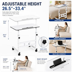 Amazon Basics Adjustable Sofa Side Table with Wheels, Portable Bedside Table for Bed and Sofa, Rolling Study Desk, Height Adjustable 26-34 Inch, 23.5 x 15.5 Inch Top Brown