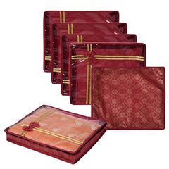 Kuber Industries Non-Woven Saree Storage Bag | Clothes Storage Bag | Wardrobe Storage Bag | Cloth Storage Organizer | Top Visible Window Saree Bag | Bow Golden Printed | 3 Inch | Pack of 6 | Maroon
