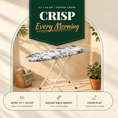 Smart Shelter Ironing Board with Adjustable Height, 111x30 CM | 16 mm Metal Bracket, Pure Cotton Cover, Foldable Design, Black and White Print, Home Use