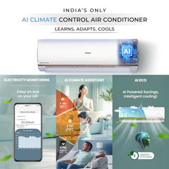 Haier 1.5 Ton 4 Star AI Climate Control Smart Split AC (5250 Watts, Copper, Wi-Fi, 4-Way Swing, Triple Inverter, 7 in 1, Frost Self Clean, HD Filter, Cools at 60Â°C - HSU18K-PYAIR4BN-INV, White)