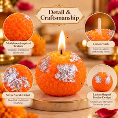 TIED RIBBONS Set of 6 Motichoor Ladoo Shaped Candles for Home, Pooja & Gifting | Wedding & Festival Décor | Candle for Gift - Diwali Decoration Items for (2-3 Hours Burning Time, Unscented)