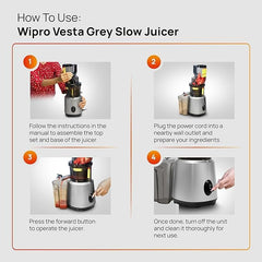 Wipro Vesta FS101 Cold press slow juicer|240 Watts 100% Copper DC motor for efficient juicing|All in one fruit & vegetable juicer|Nut milk and sorbet maker|76mm wide Chute|250ml Juicing bowl