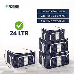 FLYNGO Foldable Steel Frame Clothes Organizer Storage Box For Wardrobe, Saree, Shirts, And Blankets (66 Ltr - Pack Of 2, Oxford Fabric), Blue