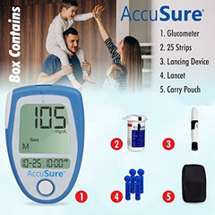 AccuSure Blue Blood Glucose Meter Contains Free 25 Strips