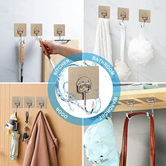 AMIQUS 10 Pcs Hevy Duty Self Adhesive Hook for Hanging Kitchen Item and Other Stainless Steel, Gold Waterproof, Strong Towels, Keys, Utensils,Robes Double-Sided Transparent (Double Claw V Shape)