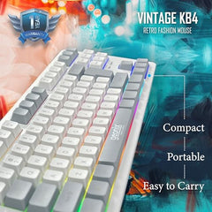 GEONIX Vintage KB4 Retro Style Chiclet Style Keyboard with 87 Keys, Rainbow Backlight, PVC Cable, Durable Body, Compact & Slim Design (White Grey)