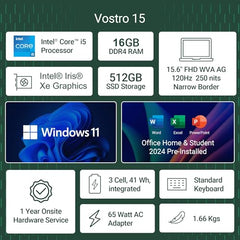 Dell 15 Intel Core i5 13th Gen - 1334U, 16GB DDR4 RAM, 512GB SSD, FHD 15.6"/39.62 cm, Windows 11, MSO'24, Grey, 1.66kg, 120Hz 250 nits Display, 15 Month McAfee, Thin & Light Laptop
