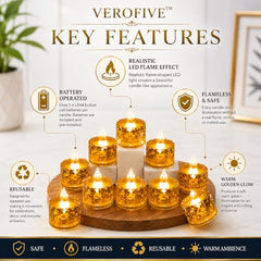 VEROFIVE Crystal LED Tea Light Candles, Pack of 12 – Diwali & Home Décor
