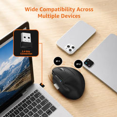 Amazon Basics Ergonomic Wireless Side Scroll Mouse with Multi-Device, Computer Mice with Smart Flying Scroll, Quiet Click, 5-Level DPI Upto 4800 for Computer, Laptop, iPad, Tablet, MacBook (Grey)