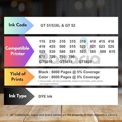 Ravaria Refill Ink for HP GT51XL/53XL GT 52 for HP Ink Tank 115,310,315,319,410,415,416,419,455,500,515,530,589,615,750,790,670,GT5810,GT5811,GT5820(GT51XL + GT52CMY(4 Color Set),Multi-Color Pack)