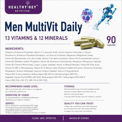 HealthyHey Nutrition MultiVitamin for Men - Multi-Vit Daily - 13 Vitamins & 12 Minerals - 90 Vegetable Capsules
