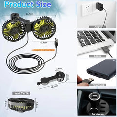 Qidoe Car USB Fan Back Seat 12 V - Car Cooling Fan 3-Speed Quiet Mini Car Fan with 360° Rotatable Double Head for Children and Pets, Powerful 5 V Air Fan for Trucks, Motorhomes, Boats