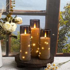 Flameless LED Pillar Candle Set of 2 | Acrylic Fiber Glass | Dancing Faux Wick | Remote Control with Battery Operated 3 AA | Home Décor & Gifting | 3" D x 6" H | Red