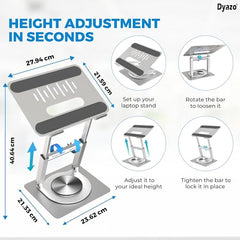 Dyazo 360° Rotating Laptop Stand Holder | Height Adjustable & Foldable Riser for 10-15.6 Inch Laptop | Anti Slip Pads with Heat Vent | Compatible for MacBook, Dell, HP, Lenovo & Other Notebook- Silver