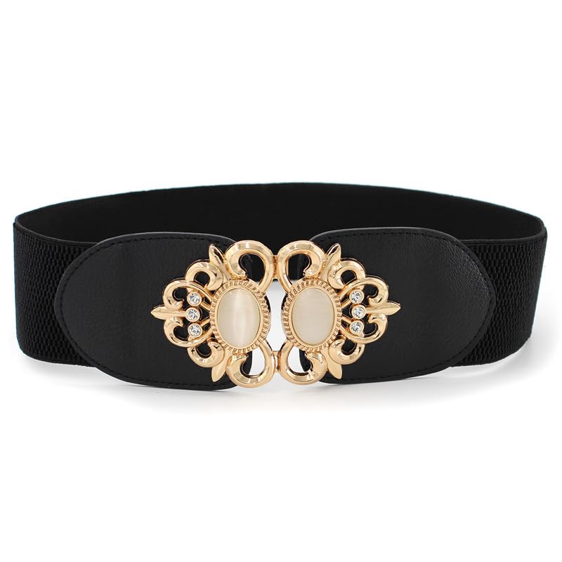 SYGA Women Cinch Belt, PU Leather Stretchy Waist Belt with Pearl Studded Metal Buckle, Retro Style - Black