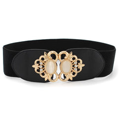 SYGA Women Cinch Belt, PU Leather Stretchy Waist Belt with Pearl Studded Metal Buckle, Retro Style - Black