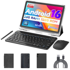 Android 16 10 inch Tablets, 20GB RAM 128GB ROM 2TB Expandable, 2GHz Octa-core Processor, 2 in 1 Tablet with Stylus Mouse Keyboard Case, 5G WiFi6, BT 5.0, 6000mAh, Widevine L1, GMS