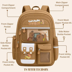 TS WITH TECHSUN College Laptop Backpack for Women & Teens with Zipper Pouch | School Bag for Girls 13-14 Years | 18 Inch Book Backpack | Travel School Bag, Tuition, Coaching (CAPYBARA - BROWN)